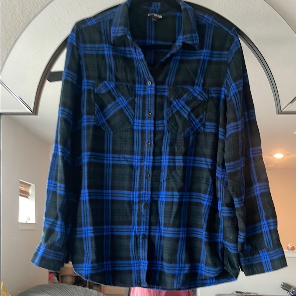 Express Women's Blue and Black Plaid Button Down Shirt